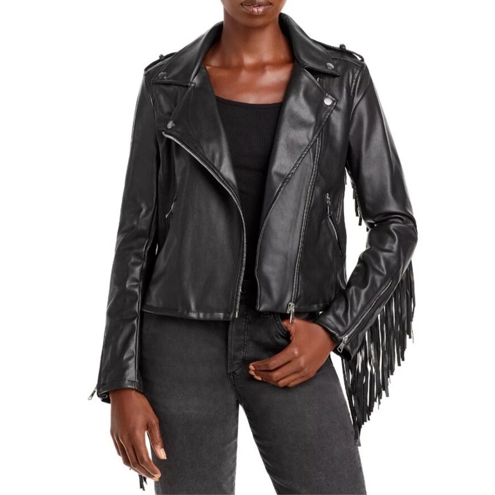 Aqua Womens Black Faux Leather Fringe Moto Jacket Western Biker Cropped L